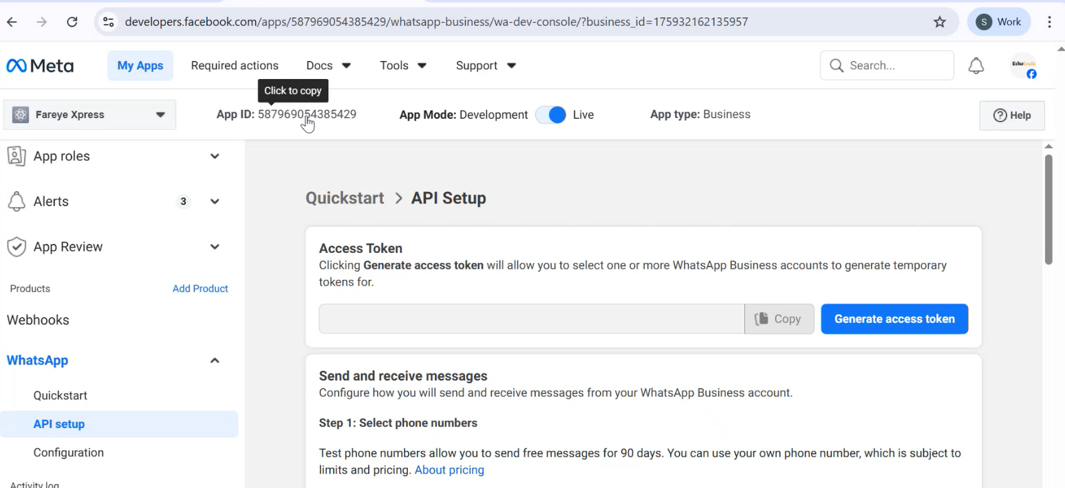 [Screenshot Placeholder – Meta WhatsApp Integration Section]