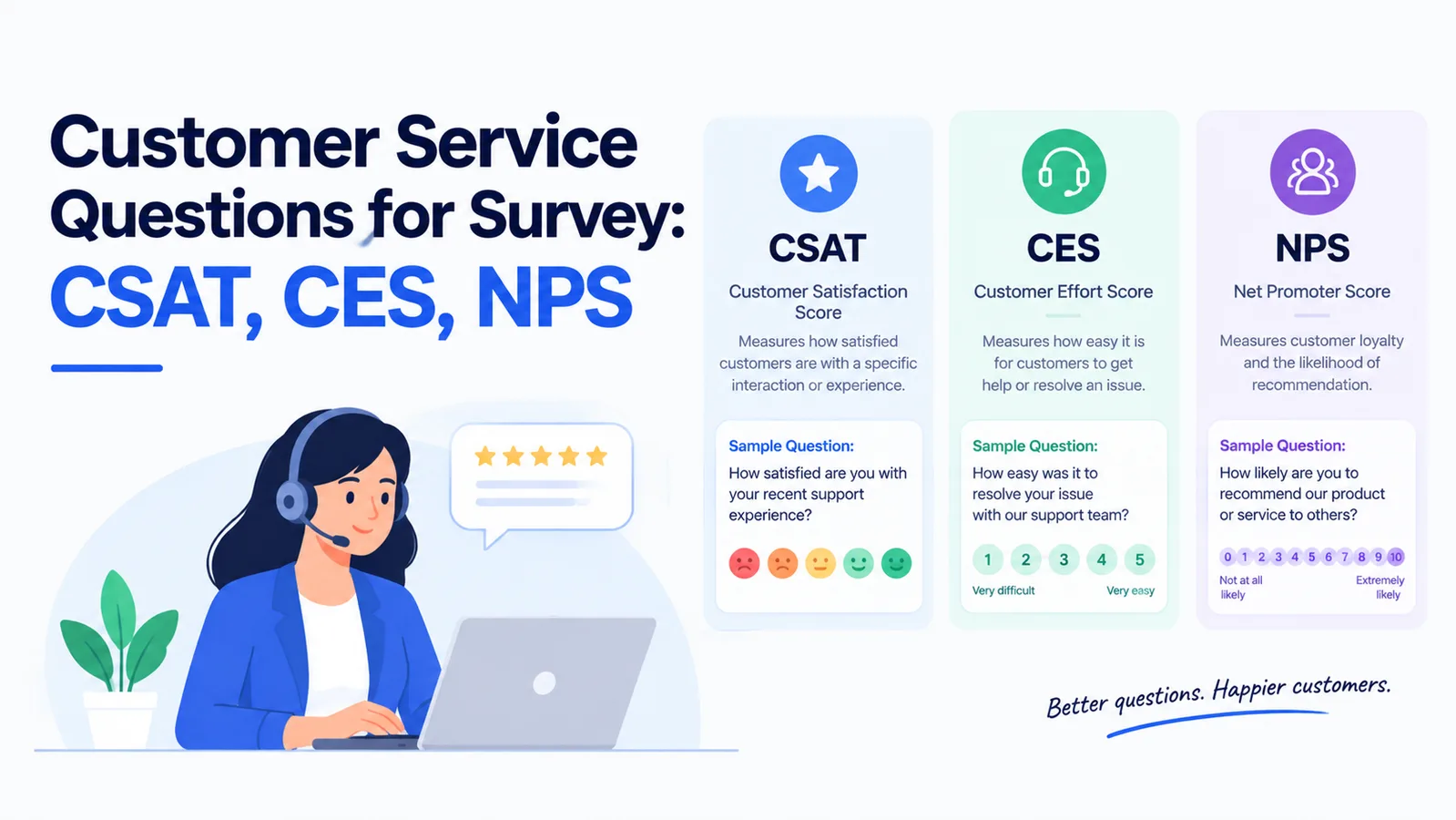 Customer service survey questions for CSAT, CES, and NPS metrics