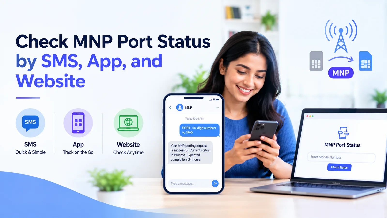 Check MNP port status using SMS, mobile app, and website with a smartphone and online porting status tracker
