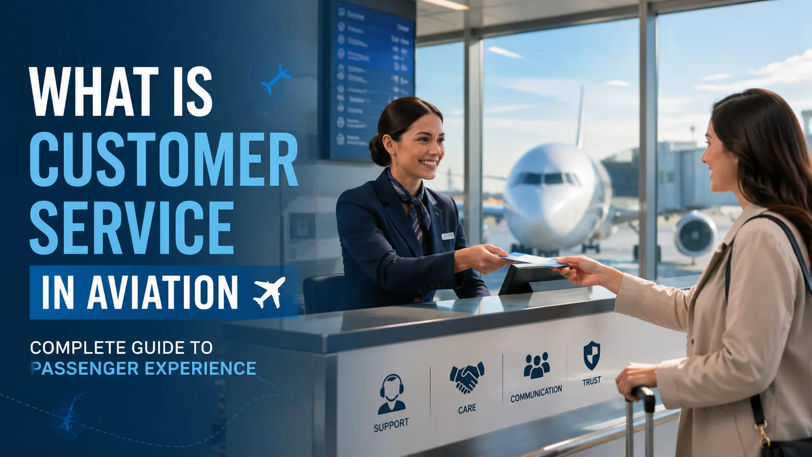 Airline customer service agent assisting a passenger at an airport counter with an aircraft in the background