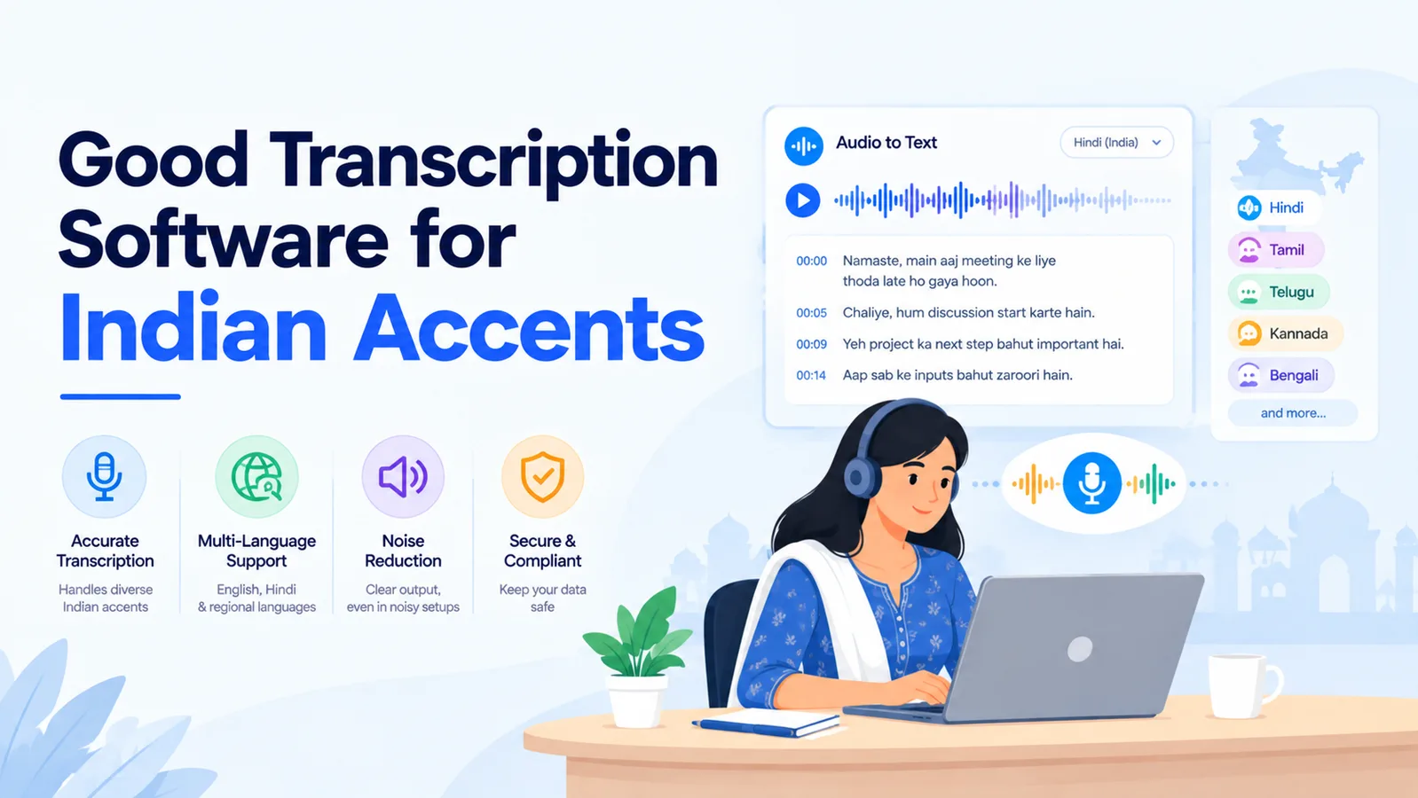 Transcription software for Indian accents with multilingual support, noise reduction, and accurate audio-to-text conversion