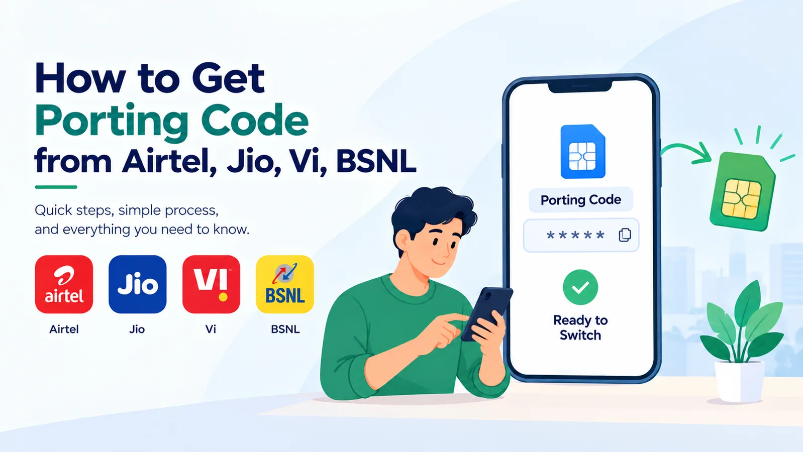 How to get a mobile number porting code from Airtel, Jio, Vi, and BSNL, illustrated with a smartphone displaying a porting code and SIM card.
