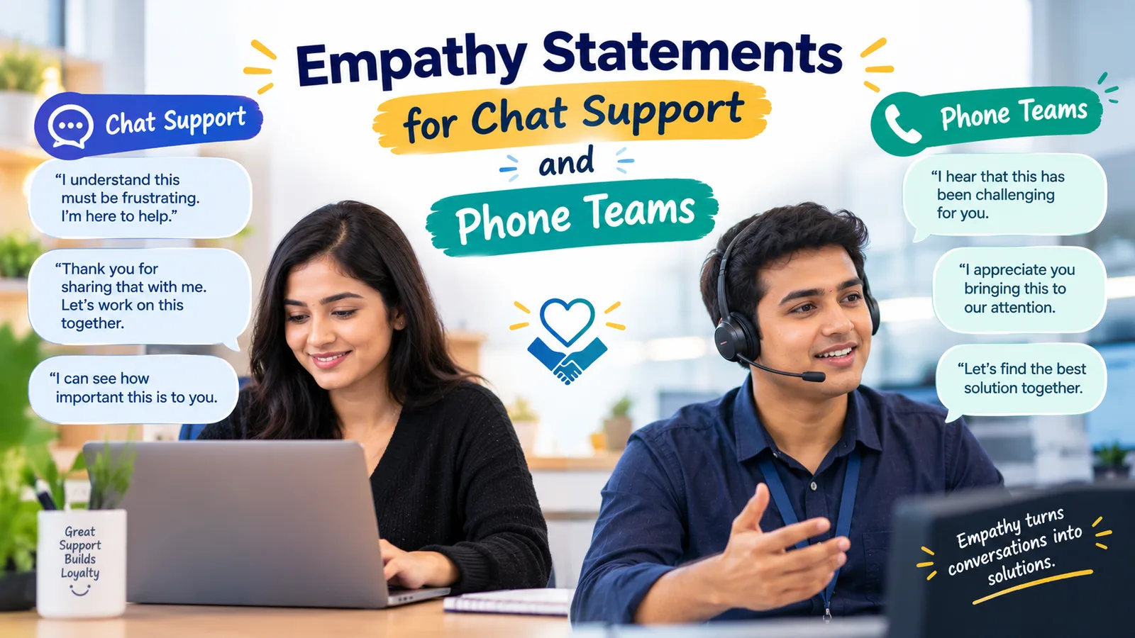 Hero Image: Empathy statements for chat support and phone teams, featuring customer service agents using chat and phone communication with examples of supportive phrases.
