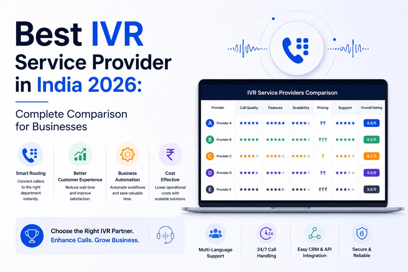 Best IVR service provider in India 2026 comparison showing business call routing, automation, multilingual support, CRM integration, and IVR features
