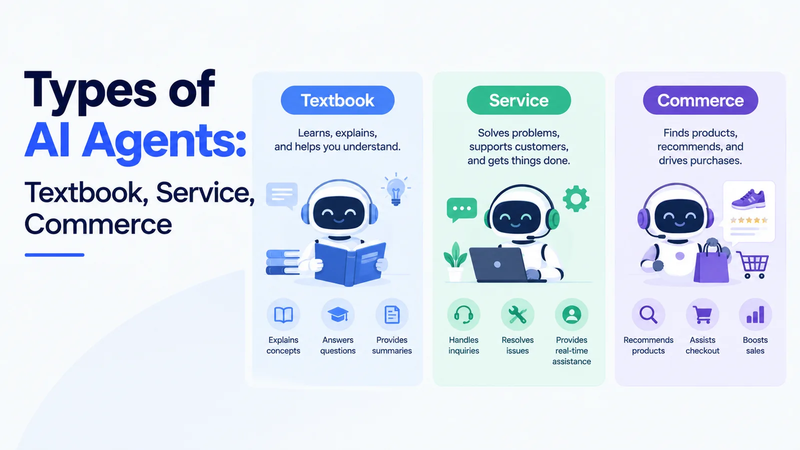 Types of AI agents including textbook, service, and commerce agents
